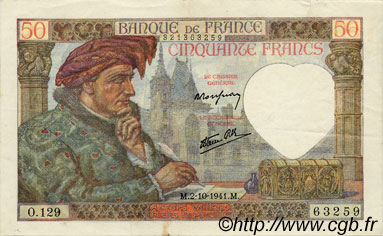 50 Francs JACQUES CŒUR FRANKREICH  1941 F.19.15 VZ