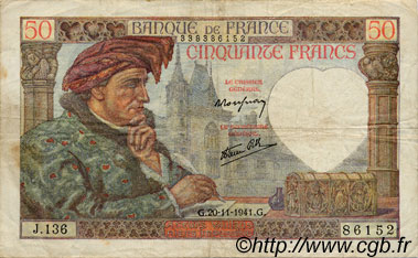 50 Francs JACQUES CŒUR FRANCIA  1941 F.19.16 BC+