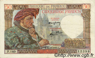 50 Francs JACQUES CŒUR FRANCE  1941 F.19.16 VF+