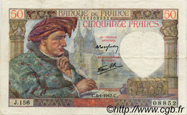 50 Francs JACQUES CŒUR FRANKREICH  1942 F.19.18 fVZ