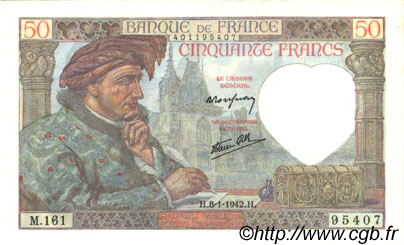 50 Francs JACQUES CŒUR FRANCIA  1942 F.19.18 SC+