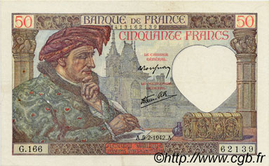 50 Francs JACQUES CŒUR FRANKREICH  1942 F.19.19 fVZ