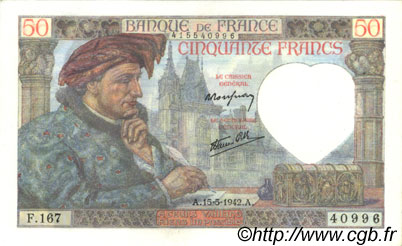 50 Francs JACQUES CŒUR FRANKREICH  1942 F.19.20 fST+