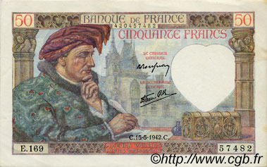 50 Francs JACQUES CŒUR FRANCE  1942 F.19.20 XF+