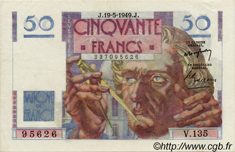 50 Francs LE VERRIER FRANKREICH  1946 F.20 fVZ to VZ