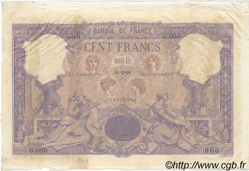 100 Francs BLEU ET ROSE Spécimen FRANCIA  1898 F.21.00Ec2 MBC+
