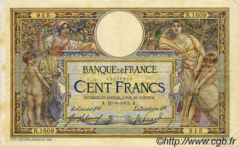 100 Francs LUC OLIVIER MERSON sans LOM FRANCIA  1912 F.23.04 MBC
