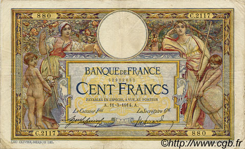 100 Francs LUC OLIVIER MERSON sans LOM FRANKREICH  1914 F.23.06 S