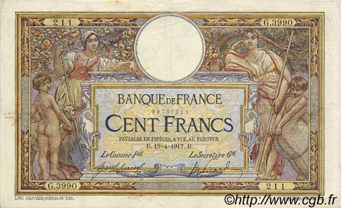 100 Francs LUC OLIVIER MERSON sans LOM FRANCIA  1917 F.23.09 BB