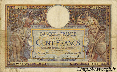 100 Francs LUC OLIVIER MERSON sans LOM FRANCE  1919 F.23.11 VG