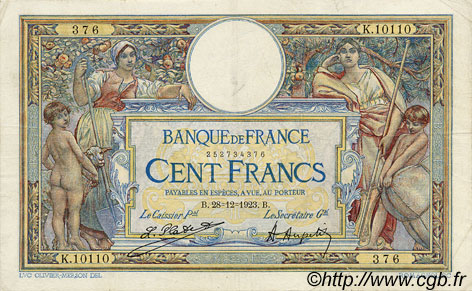 100 Francs LUC OLIVIER MERSON grands cartouches FRANCE  1923 F.24.01 F - VF