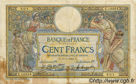 100 Francs LUC OLIVIER MERSON grands cartouches FRANCIA  1924 F.24.02 RC+