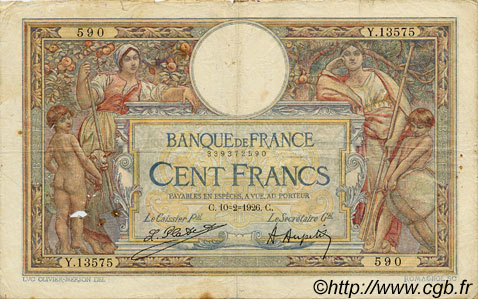 100 Francs LUC OLIVIER MERSON grands cartouches FRANCIA  1926 F.24.04 q.MB