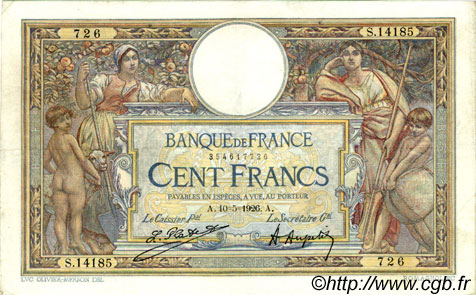 100 Francs LUC OLIVIER MERSON grands cartouches FRANCIA  1926 F.24.04 MB