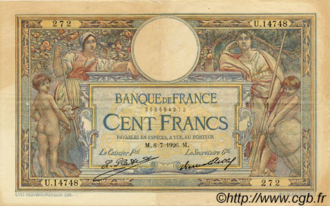100 Francs LUC OLIVIER MERSON grands cartouches FRANCE  1926 F.24.05 VF-
