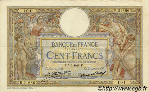 100 Francs LUC OLIVIER MERSON grands cartouches FRANCIA  1928 F.24.07 BB