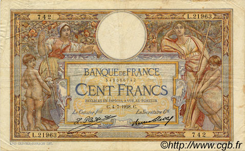 100 Francs LUC OLIVIER MERSON grands cartouches FRANCIA  1928 F.24.07 q.BB