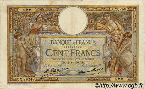 100 Francs LUC OLIVIER MERSON grands cartouches FRANCE  1930 F.24.09 VF-