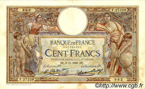 100 Francs LUC OLIVIER MERSON grands cartouches FRANCIA  1930 F.24.09 BC a MBC
