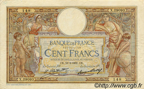 100 Francs LUC OLIVIER MERSON grands cartouches FRANKREICH  1931 F.24.10 SS