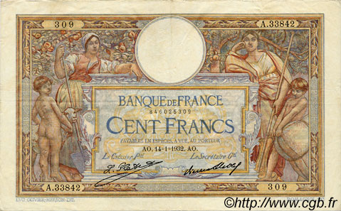 100 Francs LUC OLIVIER MERSON grands cartouches FRANCIA  1932 F.24.11 MBC+