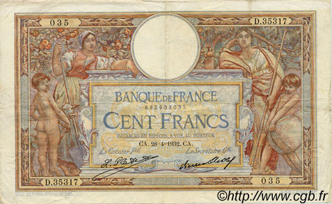 100 Francs LUC OLIVIER MERSON grands cartouches FRANCIA  1932 F.24.11 BC a MBC