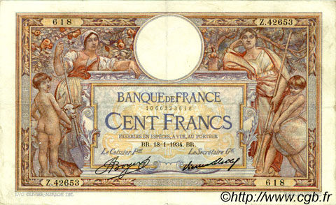 100 Francs LUC OLIVIER MERSON grands cartouches FRANCIA  1934 F.24.13 BC+ a MBC