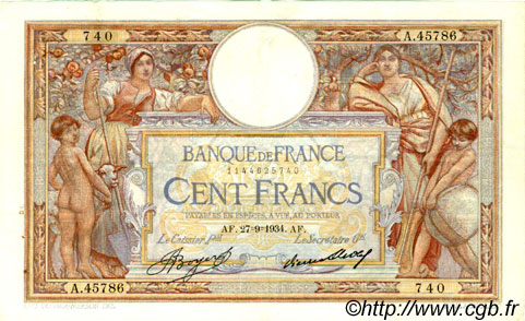 100 Francs LUC OLIVIER MERSON grands cartouches FRANCIA  1934 F.24.13 BB