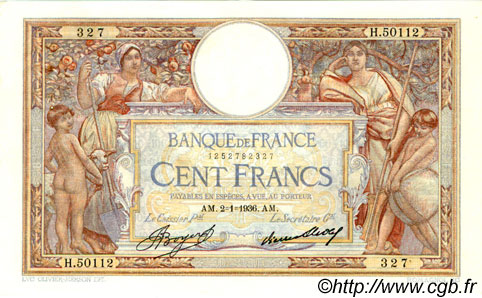 100 Francs LUC OLIVIER MERSON grands cartouches FRANKREICH  1936 F.24.15 fVZ