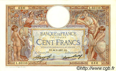 100 Francs LUC OLIVIER MERSON type modifié FRANCE  1937 F.25.01 VF