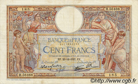 100 Francs LUC OLIVIER MERSON type modifié FRANCIA  1937 F.25.06 MBC