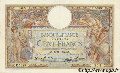 100 Francs LUC OLIVIER MERSON type modifié FRANCIA  1937 F.25.07 MBC+
