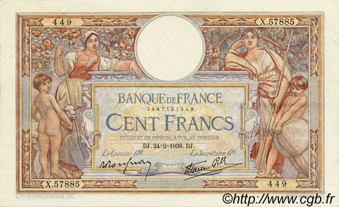 100 Francs LUC OLIVIER MERSON type modifié FRANKREICH  1938 F.25.12 fVZ