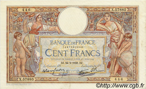 100 Francs LUC OLIVIER MERSON type modifié FRANCIA  1938 F.25.12 EBC