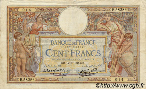 100 Francs LUC OLIVIER MERSON type modifié FRANKREICH  1938 F.25.13 S