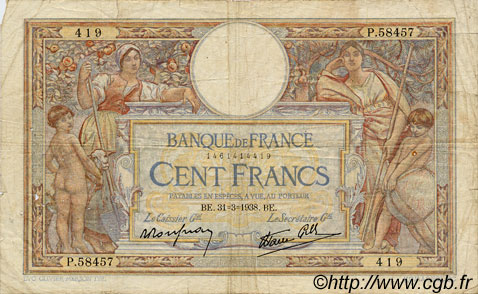 100 Francs LUC OLIVIER MERSON type modifié FRANCE  1938 F.25.14 G