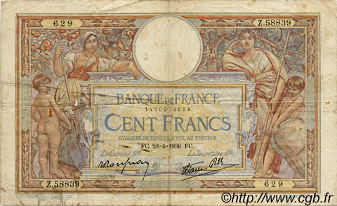 100 Francs LUC OLIVIER MERSON type modifié FRANKREICH  1938 F.25.16 SGE