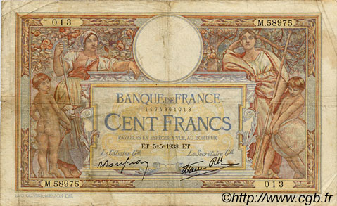 100 Francs LUC OLIVIER MERSON type modifié FRANCIA  1938 F.25.17 q.MB