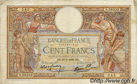 100 Francs LUC OLIVIER MERSON type modifié FRANCIA  1938 F.25.20 BC+