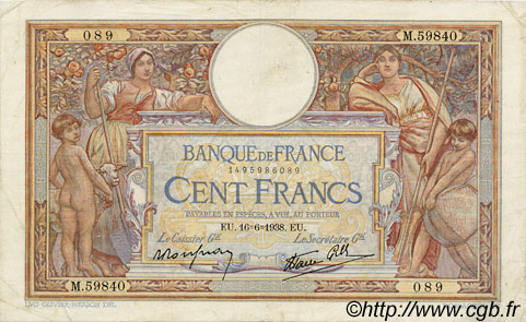 100 Francs LUC OLIVIER MERSON type modifié FRANCIA  1938 F.25.23 q.BB