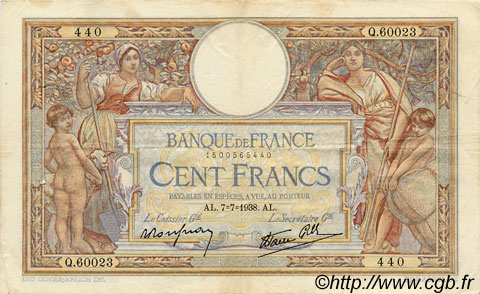 100 Francs LUC OLIVIER MERSON type modifié FRANCE  1938 F.25.25 F+