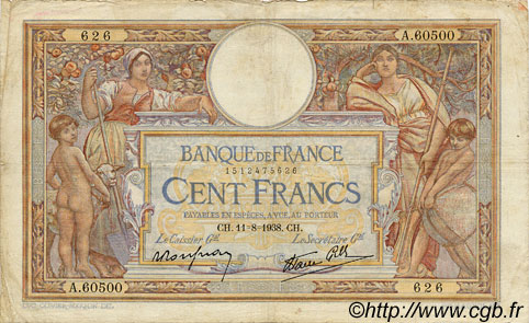 100 Francs LUC OLIVIER MERSON type modifié FRANCE  1938 F.25.28 F