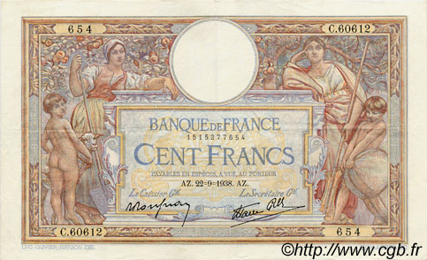 100 Francs LUC OLIVIER MERSON type modifié FRANCIA  1938 F.25.29 q.SPL