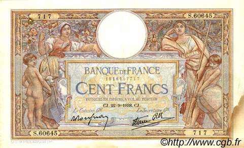 100 Francs LUC OLIVIER MERSON type modifié FRANCIA  1938 F.25.29 q.SPL