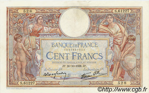 100 Francs LUC OLIVIER MERSON type modifié FRANCIA  1938 F.25.32 SPL+