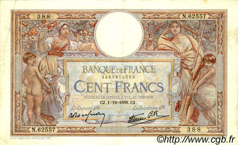 100 Francs LUC OLIVIER MERSON type modifié FRANCIA  1938 F.25.35 MBC