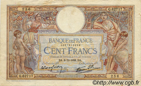 100 Francs LUC OLIVIER MERSON type modifié FRANCIA  1938 F.25.36 BB