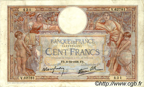 100 Francs LUC OLIVIER MERSON type modifié FRANCE  1938 F.25.36 VF