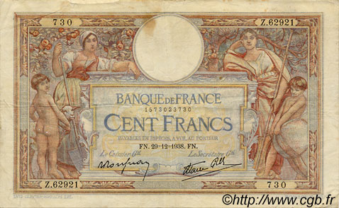 100 Francs LUC OLIVIER MERSON type modifié FRANCIA  1938 F.25.37 q.BB