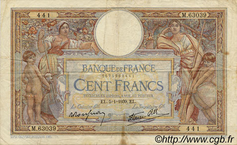100 Francs LUC OLIVIER MERSON type modifié FRANKREICH  1939 F.25.38 SS
